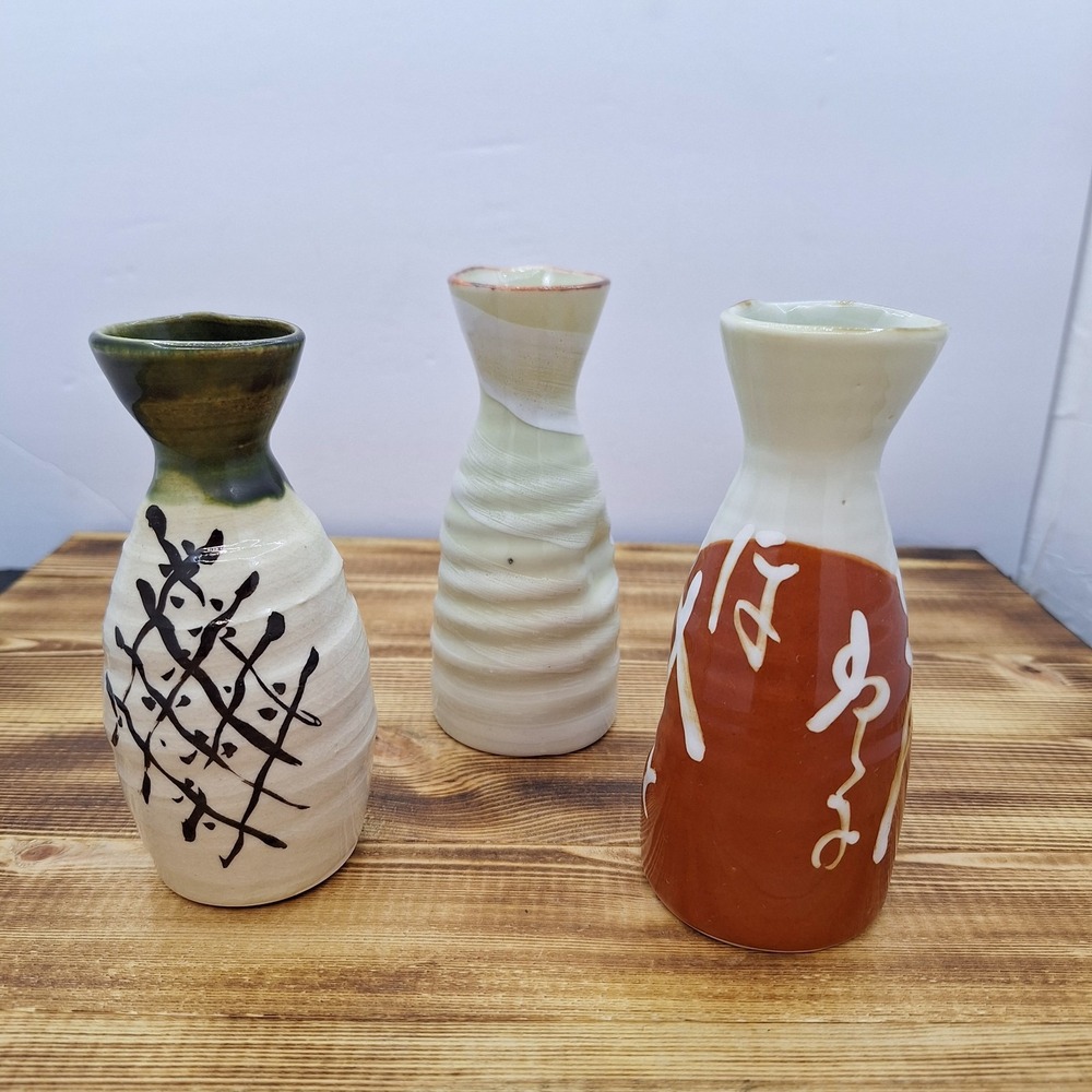 X3 Lot Japanese Asian Sake Stoneware‎  Pottery Carafes Soy Sauce Pitchers